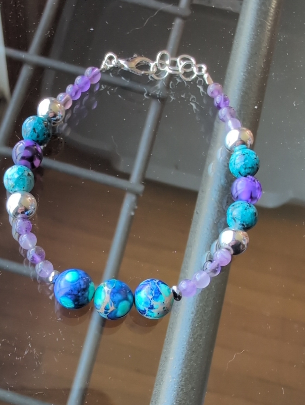 Handmade Sea sedament Jasper& Purple Amethyst ,And Blue Agates,Hematite Bracelet